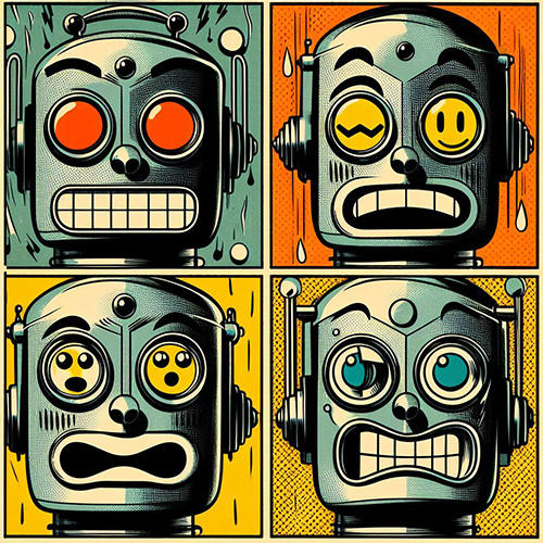 Four robot faces indicating various emotions drawn in a 1950s comicbook style by an AI.